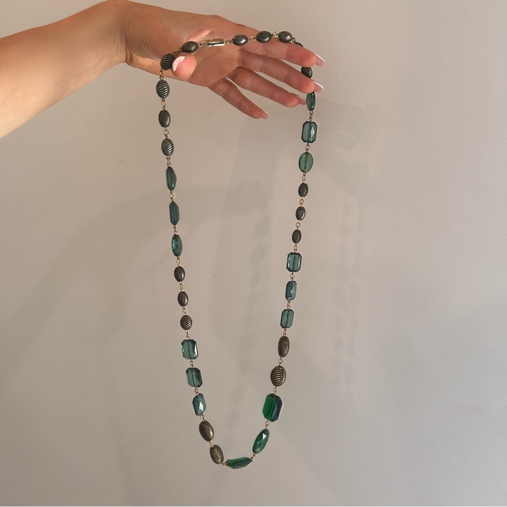 Green and gold vintage necklace, bracelet and earrings set